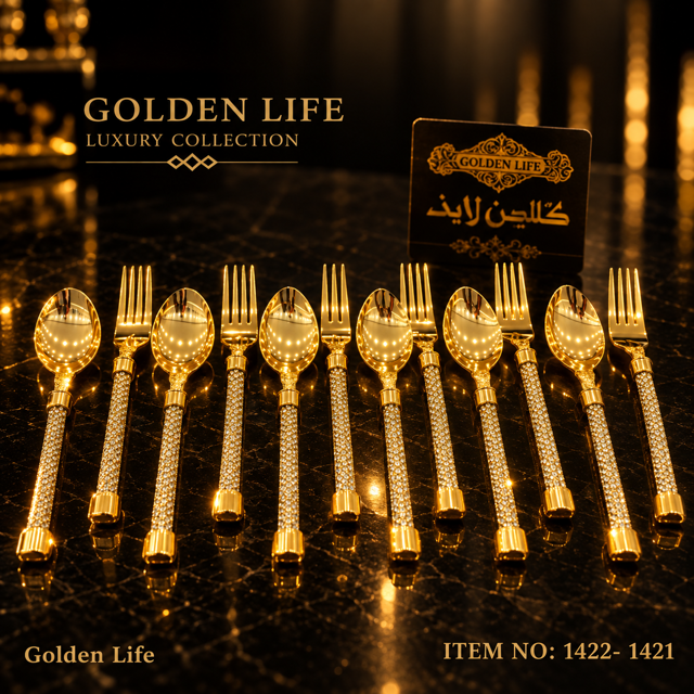 چنگال کارد 6 تایی نگین دار دسته گرد آبکاری طلا اماراتی مای فلاور