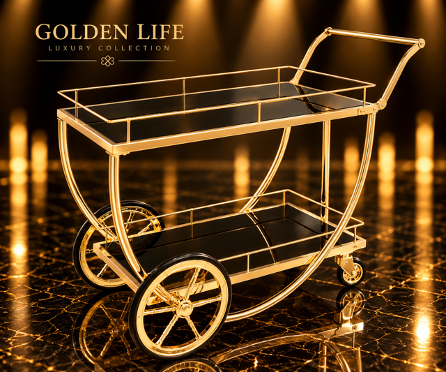 میز پذیرایی میز بار Trolley دو طبقه شیشه حرارت دیده مشکی آبکاری طلا اماراتی پیلسکو 4083 - کد 86